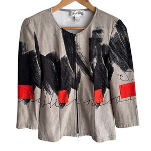 Vintage 90s Joseph Ribkoff Artsy Jacket Sz 4 Grey Red Abstract Lightweight EUC